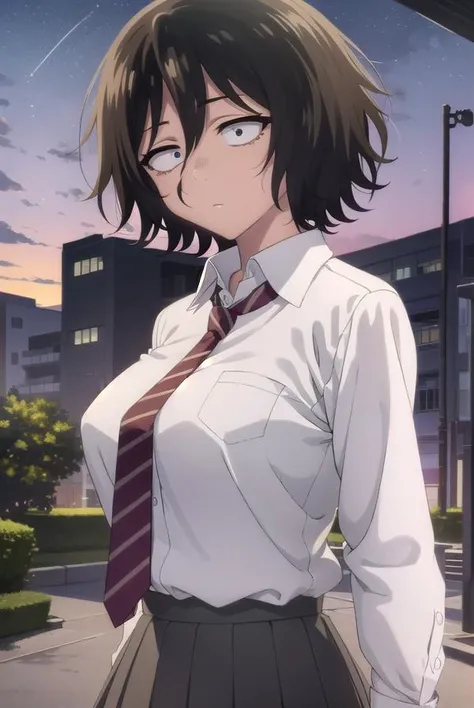 akiraasai, <lora:akira asai s1-lora-nochekaiser:1>,
akira asai, short hair, black hair, messy hair, bags under eyes, sanpaku, (black eyes:1.3), hair between eyes,
BREAK skirt, shirt, school uniform, white shirt, pleated skirt, necktie, striped, collared shirt, red necktie, grey skirt, sleeves rolled up, shirt tucked in, striped necktie,
BREAK outdoors, city, night sky, night, moon, star \(sky\),
BREAK looking at viewer,
BREAK <lyco:GoodHands-beta2:1>, (masterpiece:1.2), best quality, high resolution, unity 8k wallpaper, (illustration:0.8), (beautiful detailed eyes:1.6), extremely detailed face, perfect lighting, extremely detailed CG, (perfect hands, perfect anatomy),