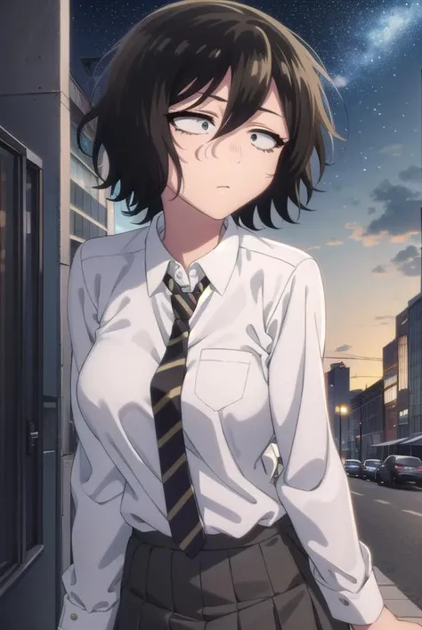 akiraasai, <lora:akira asai s1-lora-nochekaiser:1>,
akira asai, short hair, black hair, messy hair, bags under eyes, sanpaku, (black eyes:1.5), hair between eyes,
BREAK skirt, shirt, school uniform, white shirt, pleated skirt, necktie, striped, collared shirt, red necktie, grey skirt, sleeves rolled up, shirt tucked in, striped necktie,
BREAK outdoors, city, night sky, night, moon, star \(sky\),
BREAK looking at viewer,
BREAK <lyco:GoodHands-beta2:1>, (masterpiece:1.2), best quality, high resolution, unity 8k wallpaper, (illustration:0.8), (beautiful detailed eyes:1.6), extremely detailed face, perfect lighting, extremely detailed CG, (perfect hands, perfect anatomy),