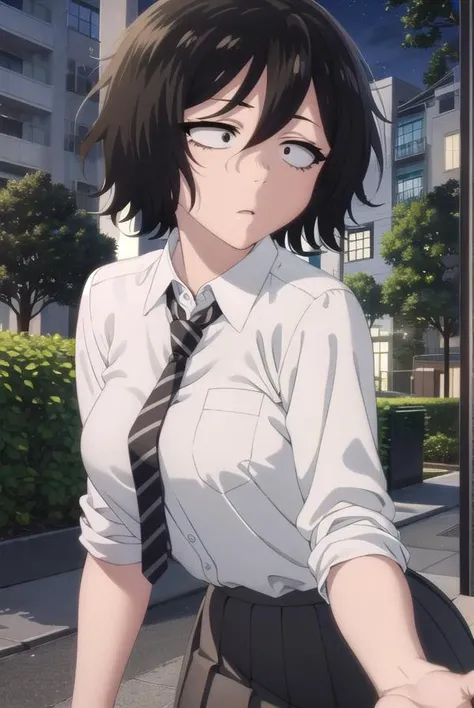 akiraasai, <lora:akira asai s1-lora-nochekaiser:1>,
akira asai, short hair, black hair, messy hair, bags under eyes, sanpaku, (black eyes:1.5), hair between eyes,
BREAK skirt, shirt, school uniform, white shirt, pleated skirt, necktie, striped, collared shirt, red necktie, grey skirt, sleeves rolled up, shirt tucked in, striped necktie,
BREAK outdoors, city, night sky, night, moon, star \(sky\),
BREAK looking at viewer,
BREAK <lyco:GoodHands-beta2:1>, (masterpiece:1.2), best quality, high resolution, unity 8k wallpaper, (illustration:0.8), (beautiful detailed eyes:1.6), extremely detailed face, perfect lighting, extremely detailed CG, (perfect hands, perfect anatomy),