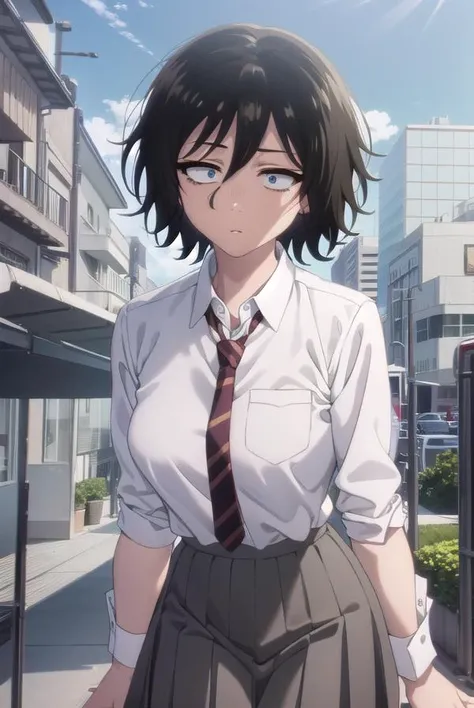 akiraasai, <lora:akira asai s1-lora-nochekaiser:1>,
akira asai, short hair, black hair, messy hair, bags under eyes, sanpaku, (black eyes:1.3), hair between eyes,
BREAK skirt, shirt, school uniform, white shirt, pleated skirt, necktie, striped, collared shirt, red necktie, grey skirt, sleeves rolled up, shirt tucked in, striped necktie,
BREAK outdoors, city, night sky, night, moon, star \(sky\),
BREAK looking at viewer,
BREAK <lyco:GoodHands-beta2:1>, (masterpiece:1.2), best quality, high resolution, unity 8k wallpaper, (illustration:0.8), (beautiful detailed eyes:1.6), extremely detailed face, perfect lighting, extremely detailed CG, (perfect hands, perfect anatomy),