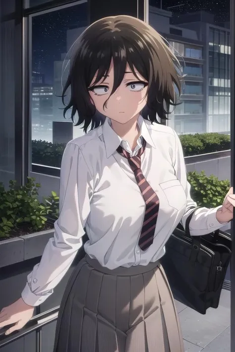 akiraasai, <lora:akira asai s1-lora-nochekaiser:1>,
akira asai, short hair, black hair, messy hair, bags under eyes, sanpaku, (black eyes:1.3), hair between eyes,
BREAK skirt, shirt, school uniform, white shirt, pleated skirt, necktie, striped, collared shirt, red necktie, grey skirt, sleeves rolled up, shirt tucked in, striped necktie,
BREAK outdoors, city, night sky, night, moon, star \(sky\),
BREAK looking at viewer,
BREAK <lyco:GoodHands-beta2:1>, (masterpiece:1.2), best quality, high resolution, unity 8k wallpaper, (illustration:0.8), (beautiful detailed eyes:1.6), extremely detailed face, perfect lighting, extremely detailed CG, (perfect hands, perfect anatomy),