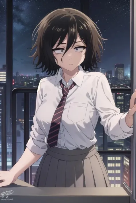 akiraasai, <lora:akira asai s1-lora-nochekaiser:1>,
akira asai, short hair, black hair, messy hair, bags under eyes, sanpaku, (black eyes:1.3), hair between eyes,
BREAK skirt, shirt, school uniform, white shirt, pleated skirt, necktie, striped, collared shirt, red necktie, grey skirt, sleeves rolled up, shirt tucked in, striped necktie,
BREAK outdoors, city, night sky, night, moon, star \(sky\),
BREAK looking at viewer,
BREAK <lyco:GoodHands-beta2:1>, (masterpiece:1.2), best quality, high resolution, unity 8k wallpaper, (illustration:0.8), (beautiful detailed eyes:1.6), extremely detailed face, perfect lighting, extremely detailed CG, (perfect hands, perfect anatomy),