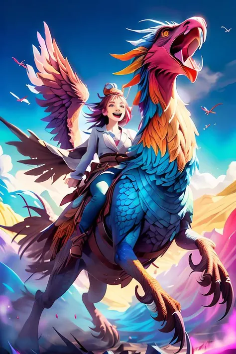 Abstract, 8K, photo shot from front, mid-body portrait, highly-detailed, (flat color:1.1),(colorful:1.3),(masterpiece:1.2), best quality, masterpiece, original, extremely detailed wallpaper, looking at viewer,
erjie,1girl,solo,<lora:Threesister-erjiev2:0.7>, happy to riding a phoenix on the clody sky, <lora:riding_a:0.8>,<lora:phoenix_v1.0:0.3>,
a lot of details,mysterious expression,  in a modern and abstract setting, with bold and colorful abstract art, blurred background, bright lighting,