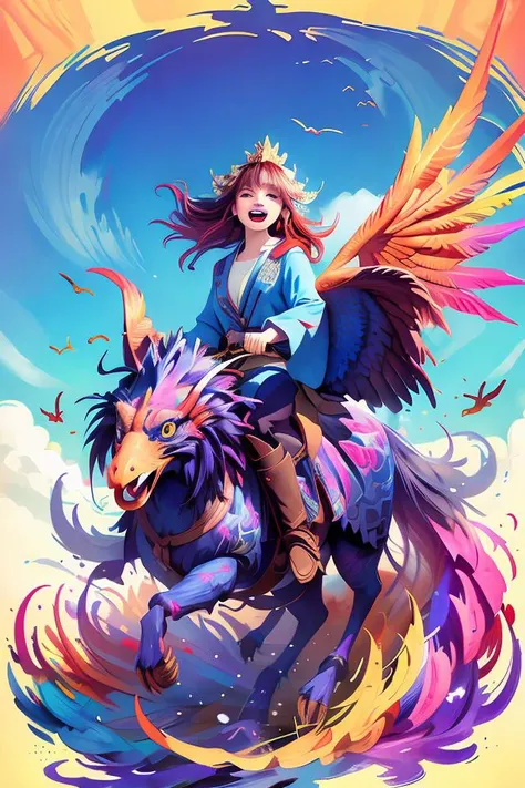 Abstract, 8K, photo shot from front, mid-body portrait, highly-detailed, (flat color:1.1),(colorful:1.3),(masterpiece:1.2), best quality, masterpiece, original, extremely detailed wallpaper, looking at viewer,
erjie,1girl,solo,<lora:Threesister-erjiev2:0.7>, happy to riding a phoenix on the clody sky, <lora:riding_a:0.8>,<lora:phoenix_v1.0:0.3>,
a lot of details,mysterious expression,  in a modern and abstract setting, with bold and colorful abstract art, blurred background, bright lighting,