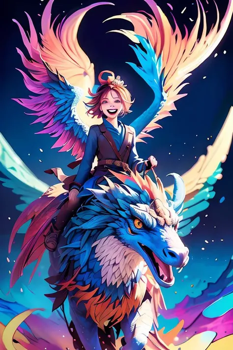 Abstract, 8K, photo shot from front, mid-body portrait, highly-detailed, (flat color:1.1),(colorful:1.3),(masterpiece:1.2), best quality, masterpiece, original, extremely detailed wallpaper, looking at viewer,
erjie,1girl,solo,<lora:Threesister-erjiev2:0.7>, happy to riding a phoenix on the clody sky, <lora:riding_a:0.8>,<lora:phoenix_v1.0:0.3>,
a lot of details,mysterious expression,  in a modern and abstract setting, with bold and colorful abstract art, blurred background, bright lighting,