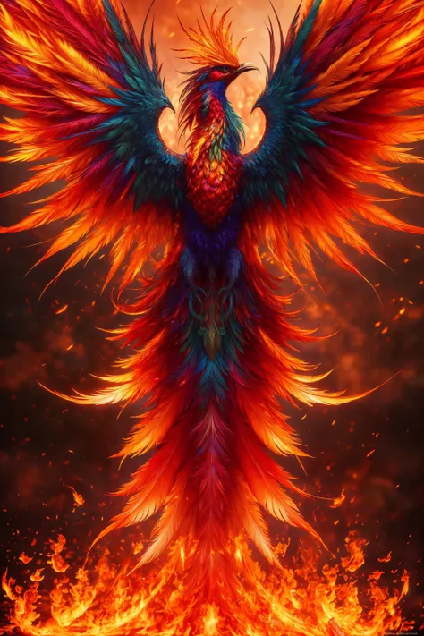 a (phoenix) rising up, (burning:1.3), edgPlume, (colorful feathers), burning wings, fire below BREAK (ashen wasteland background) BREAK (professional DSLR photo), sharp focus, 8k uhd, dslr, soft lighting, high quality, (photorealistic:1.3), intricate detail, detailed facial features, high detail, smooth, aesthetic, extremely detailed, [by greg rutkowski:0.5], [by Boris Vallejo:0.5], [by luis royo:0.3] <lora:epi_noiseoffset_v2_st:0.5>  <lora:edgRedReindeersPlume:0.8> <lora:phoenix_v1.0:0.5>