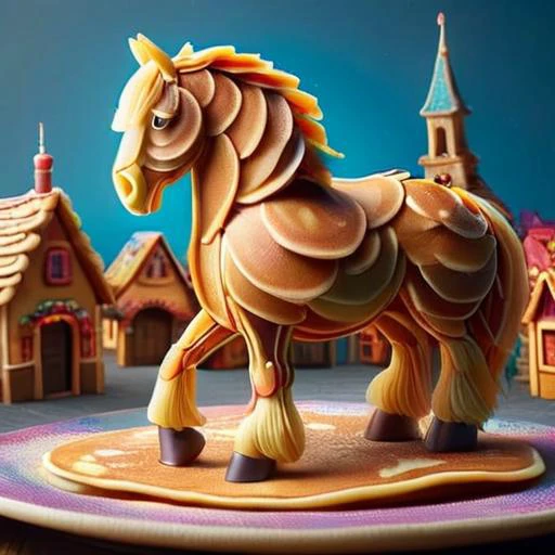 A large 3D whimsical horse, ais-pncks, colorful pancake village in the background <lora:ais-pncks-sdxl:1>