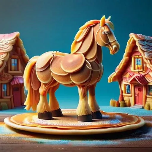 A large 3D whimsical horse, ais-pncks, colorful pancake village in the background <lora:ais-pncks-sdxl:1>