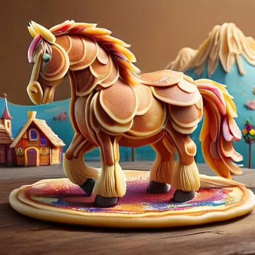 A large 3D whimsical horse, ais-pncks, colorful pancake village in the background <lora:ais-pncks-sdxl:1>