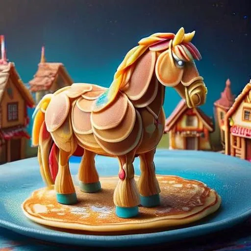 A large 3D whimsical horse, ais-pncks, colorful pancake village in the background <lora:ais-pncks-sdxl:1>