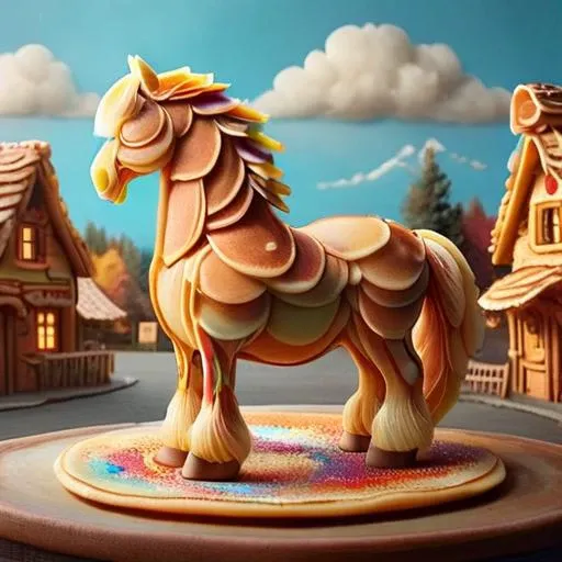 A large 3D whimsical horse, ais-pncks, colorful pancake village in the background <lora:ais-pncks-sdxl:1>