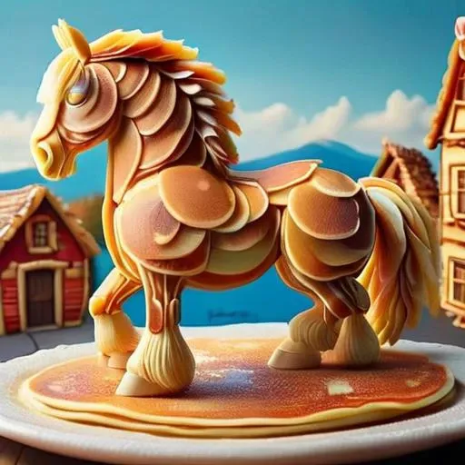 A large 3D whimsical horse, ais-pncks, colorful pancake village in the background <lora:ais-pncks-sdxl:1>