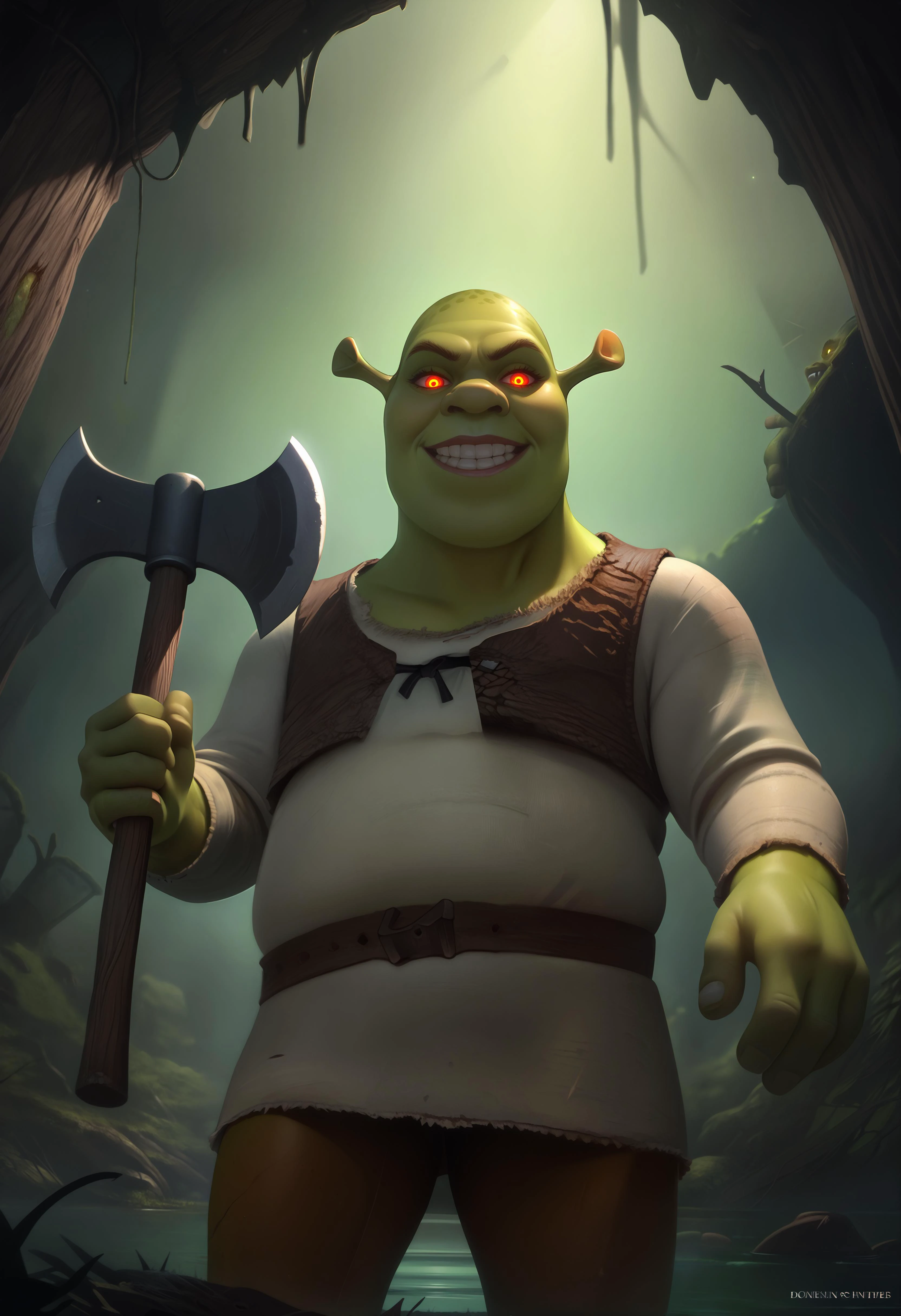 cinematic angle,from below,looking at viewer,glowing eyes,swamp,shrek, green skin,solo,holding axe,holding weapon,evil grin <lora:UBW_XLPD:1> <lora:Shrek_XLPD:0.8>