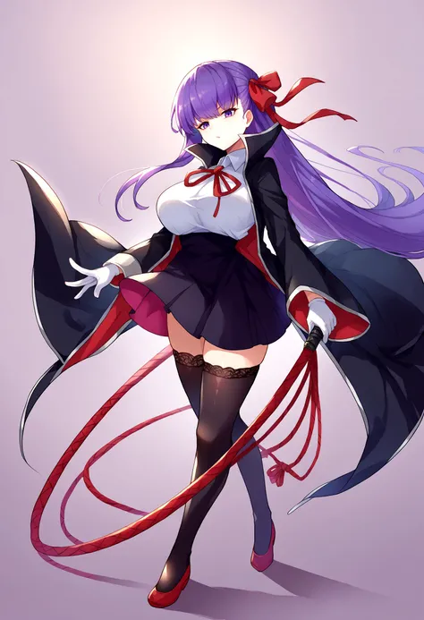 score_9, score_8_up, source_anime, 1girl, solo, holding weapon, holding, weapon, Whip, <lora:UBW_XLPD:1>, full body, purple eyes, long hair, purple hair, hair ribbon, neck ribbon, red ribbon, white shirt, black skirt, high-waist skirt, white gloves, black thighhighs, lace-trimmed legwear, black coat, popped collar,
[:, <lora:ChamBBFatePonyXL:1>, BBBase, purple eyes, long hair, purple hair, hair ribbon, neck ribbon, red ribbon, white shirt, black skirt, high-waist skirt, white gloves, black thighhighs, lace-trimmed legwear, black coat, popped collar:16]