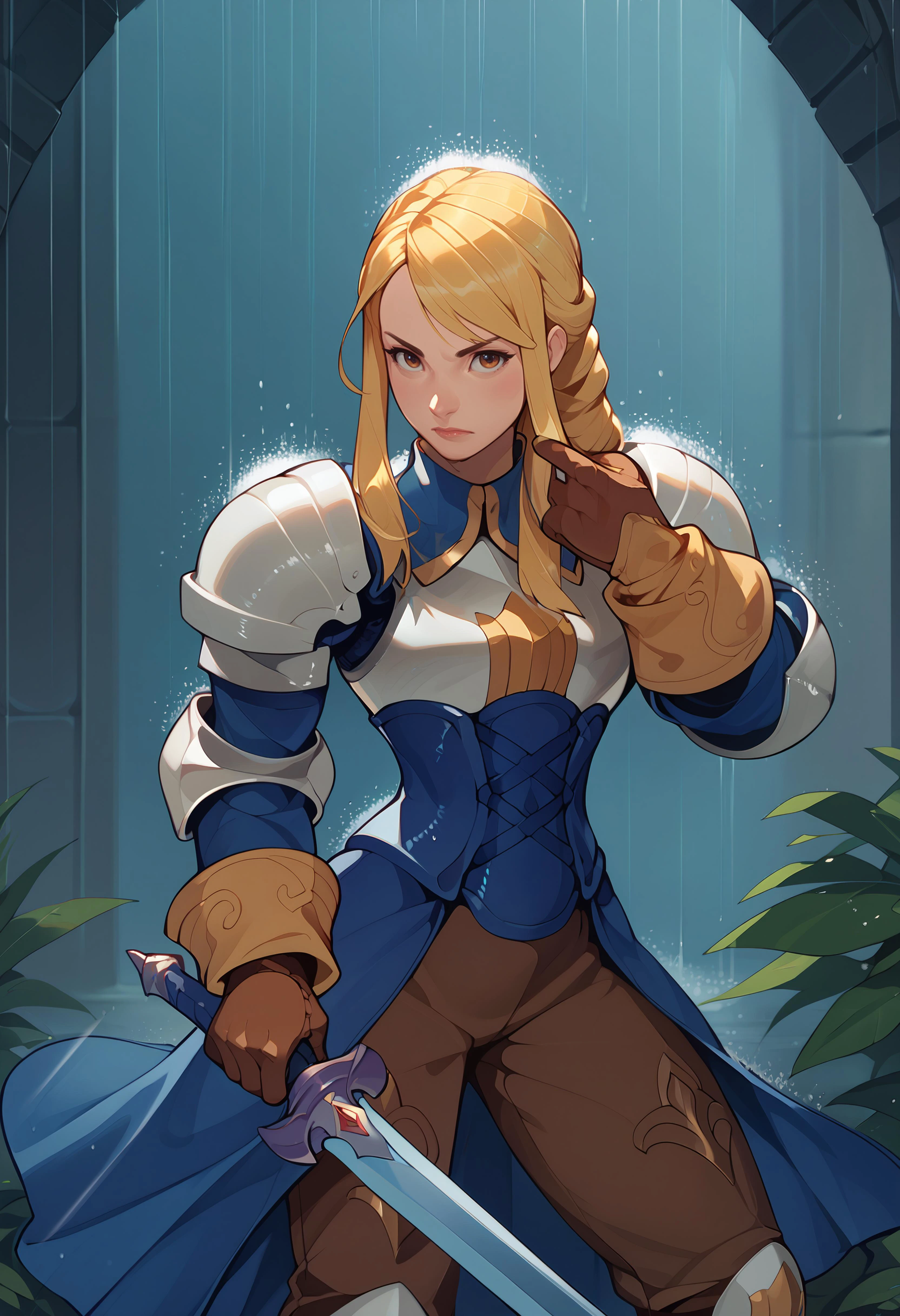 score_9, score_8_up, score_7_up, score_6_up BREAK solo, agrias, blonde hair, braided ponytail,shoulder armor, armor, corset, brown pants, brown gloves, knee pads,holding, weapon, holding sword ,aura, rain, pose <lora:agrias-pdxl-nvwls-v1:0.8> <lora:UBW_XLPD:1>