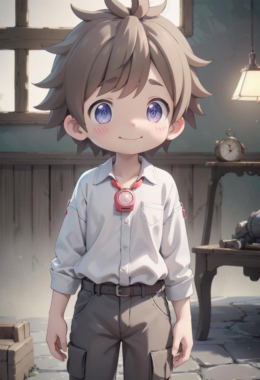 Anime boy with blue eyes standing in front of a table - SeaArt AI
