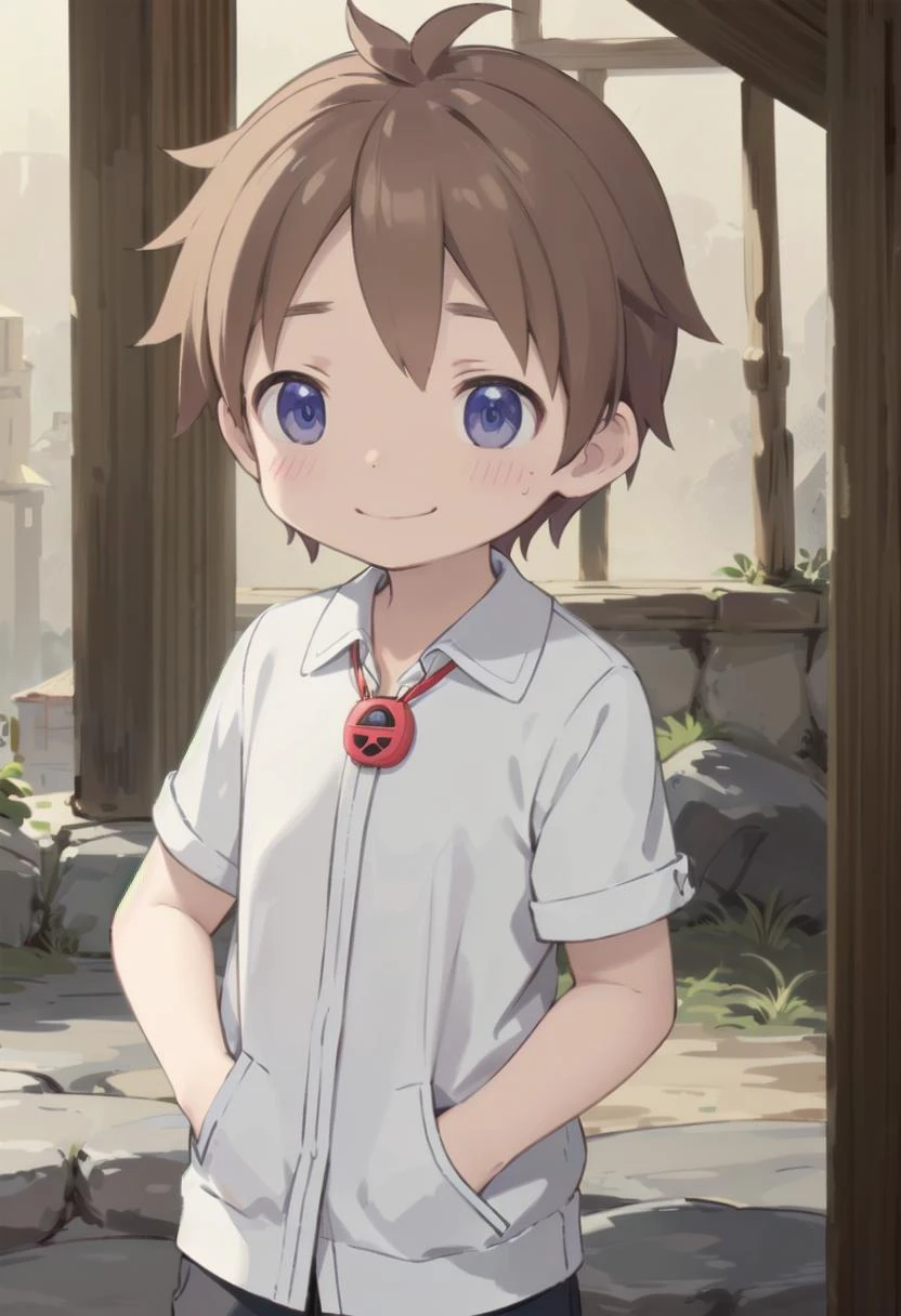 <lora:natsd-000015:0.6>
1boy, mia_nat, standing, beautiful village, male focus,
wearing a (red whistle:1.2) around his neck, outside, low angle
brown hair, blue eyes with a slight purple gradient, smiling, hands in pockets,
very short hair, white shirt,
draw it in the style of made in abyss, (straight on:1.2),
The soft lighting and detailed surroundings create an immersive environment where imagination runs wild
hyper-detailed,hyper-detailed face, high quality visuals, dim Lighting, sharply focused, octane render, 8k UHD,
GS-Boyish, GS-Masculine