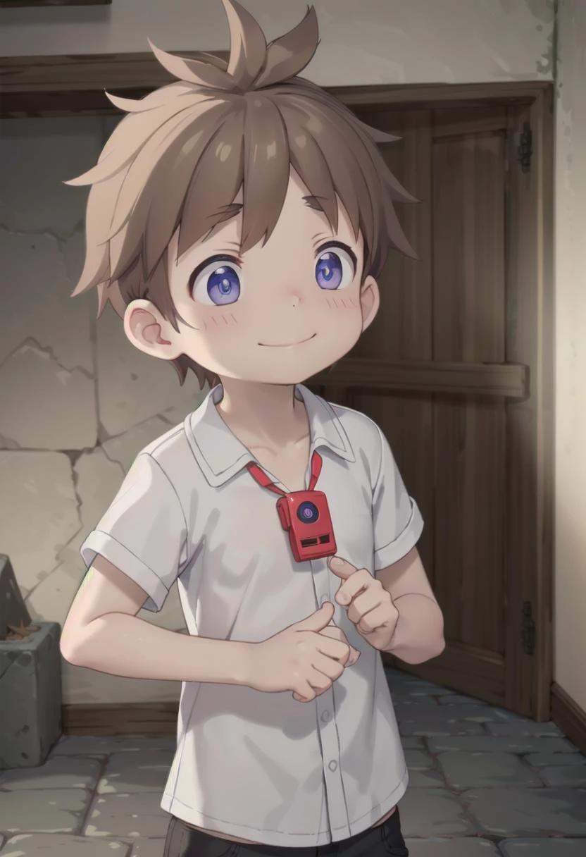 <lora:natsd-000015:0.6>
1boy, mia_nat, standing, beautiful village, male focus,
wearing a (red whistle:1.2) around his neck, outside, low angle
brown hair, blue eyes with a slight purple gradient, smiling,
very short hair, white shirt, energetic eyes, sparkling eyes,
draw it in the style of made in abyss, (straight on:1.2),
The soft lighting and detailed surroundings create an immersive environment where imagination runs wild
hyper-detailed,hyper-detailed face, high quality visuals, dim Lighting, sharply focused, octane render, 8k UHD,
GS-Boyish, GS-Masculine