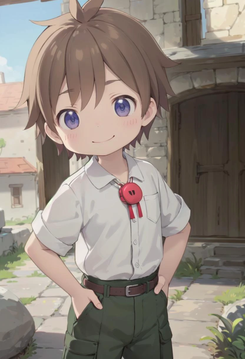 <lora:natsd-000015:0.6>
1boy, mia_nat, standing, beautiful village, male focus,
wearing a (red whistle:1.2) around his neck, outside, low angle
brown hair, blue eyes with a slight purple gradient, smiling, hands in pockets,
very short hair, white shirt,
draw it in the style of made in abyss, (straight on:1.2),
The soft lighting and detailed surroundings create an immersive environment where imagination runs wild
hyper-detailed,hyper-detailed face, high quality visuals, dim Lighting, sharply focused, octane render, 8k UHD,
GS-Boyish, GS-Masculine