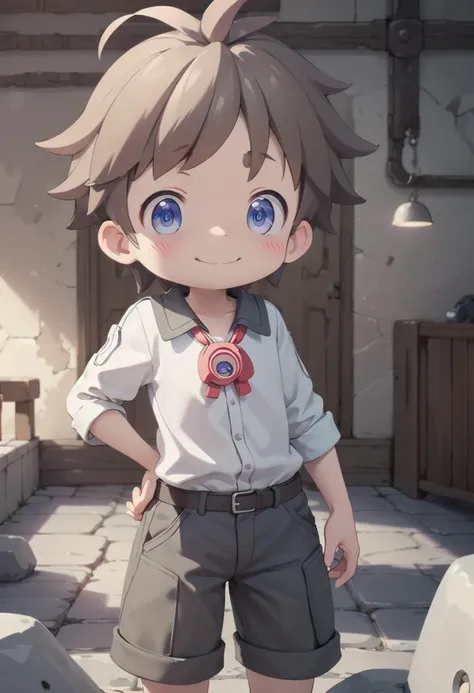 <lora:natsd-000015:0.6>
1boy, mia_nat, standing, beautiful village, male focus,
wearing a (red whistle:1.2) around his neck, outside, low angle
brown hair, blue eyes with a slight purple gradient, smiling,
very short hair, white shirt, energetic eyes, sparkling eyes,
draw it in the style of made in abyss, (straight on:1.2),
The soft lighting and detailed surroundings create an immersive environment where imagination runs wild
hyper-detailed,hyper-detailed face, high quality visuals, dim Lighting, sharply focused, octane render, 8k UHD,
GS-Boyish,  GS-Masculine