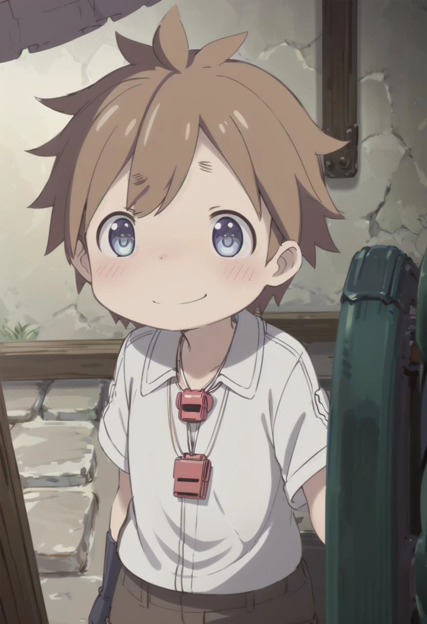 <lora:natsd-000015:0.6>
1boy, mia_nat, standing, beautiful village, male focus,
wearing a (red whistle:1.2) around his neck, outside, low angle
brown hair, blue eyes with a slight purple gradient, smiling,
very short hair, white shirt, energetic eyes, sparkling eyes,
draw it in the style of made in abyss, (straight on:1.2),
The soft lighting and detailed surroundings create an immersive environment where imagination runs wild
hyper-detailed,hyper-detailed face, high quality visuals, dim Lighting, sharply focused, octane render, 8k UHD,
GS-Boyish, GS-Masculine