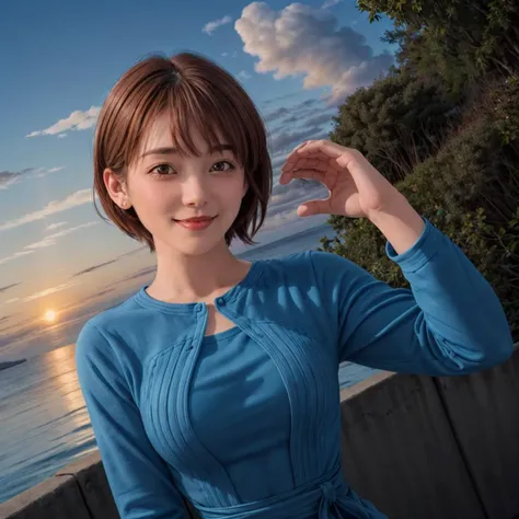 <lora:Nausicaa005:0.4>,<lora:add_detail>,<lora:boldline:-0.5>,<lora:noline:0.3>,looking at viewer,smile,
Nausicaa,1girl,brown hair,brown eyes,short hair,
blue_dress,long_sleeves,
sunset,