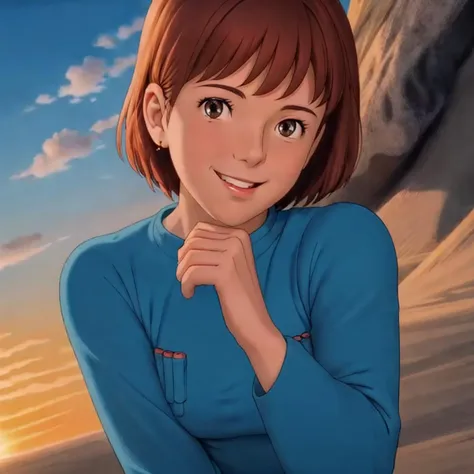 <lora:Nausicaa005:0.7>,<lora:add_detail>,<lora:boldline:-0.5>,<lora:noline:0.3>,looking at viewer,smile,
1girl,brown hair,brown eyes,short hair,
blue_dress,long_sleeves,sunset,