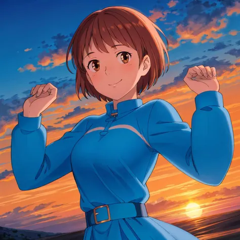 <lora:Nausicaa005:0.5>,<lora:add_detail>,<lora:boldline:-0.5>,<lora:noline:0.3>,looking at viewer,smile,
1girl,brown hair,brown eyes,short hair,
blue_dress,long_sleeves,sunset,