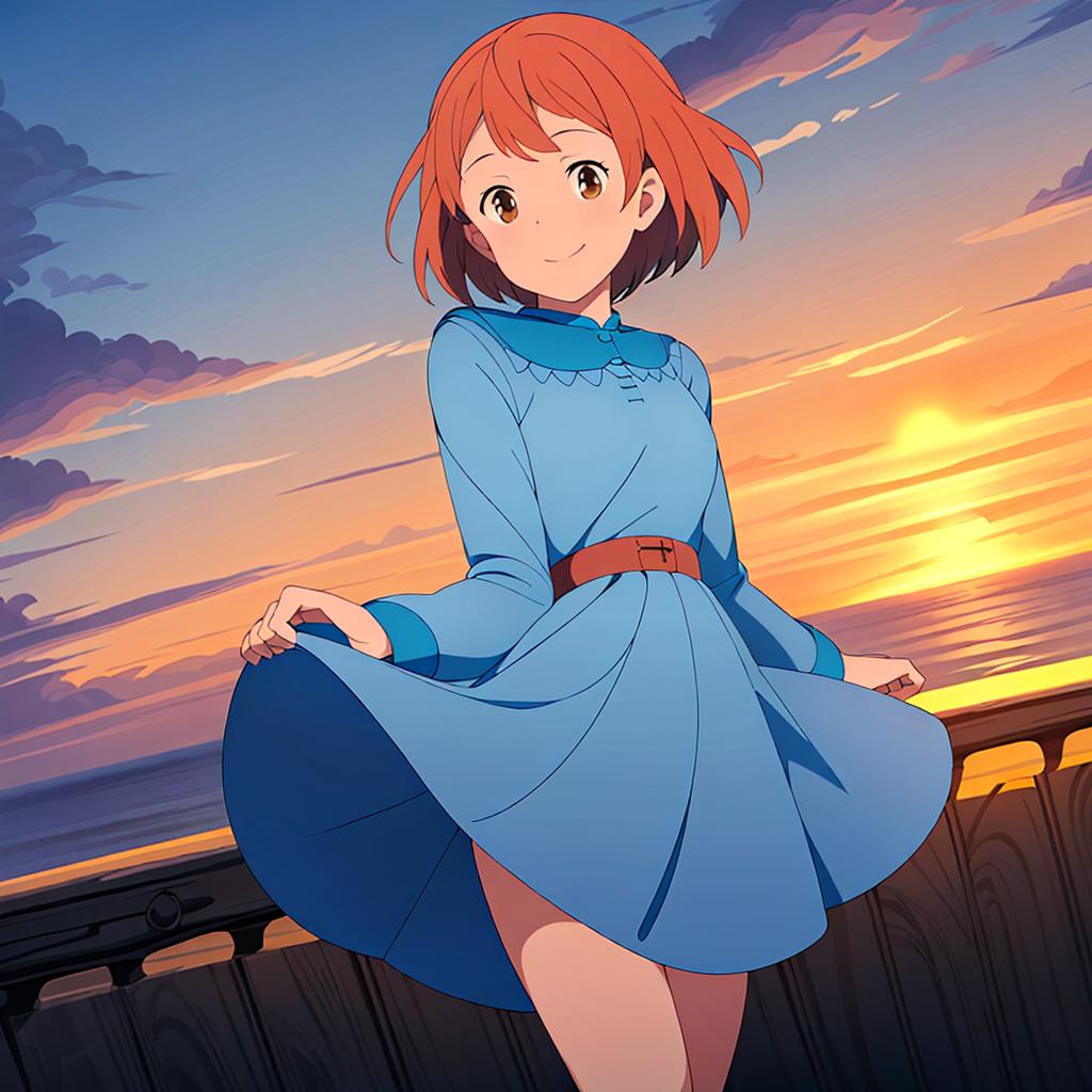 A woman in a blue dress standing on a wooden fence - SeaArt AI