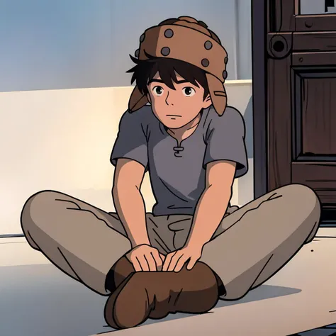 <lora:Nausicaa005:0.7>,
Asuberu,1boy,
brown headwear,
grey shirt,short_sleeves,
pants,
boots,