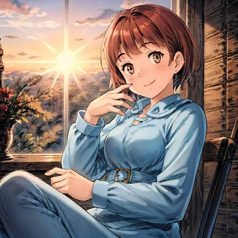 <lora:Nausicaa005:0.5>,<lora:add_detail>,<lora:boldline:-0.5>,<lora:noline:0.3>,looking at viewer,smile,
1girl,brown hair,brown eyes,short hair,
blue_dress,long_sleeves,sunset,