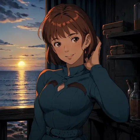<lora:Nausicaa005:0.5>,<lora:add_detail>,<lora:boldline:-0.5>,<lora:noline:0.3>,looking at viewer,smile,
1girl,brown hair,brown eyes,short hair,
blue_dress,long_sleeves,sunset,