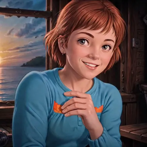 <lora:Nausicaa005:0.6>,<lora:add_detail>,<lora:boldline:-0.5>,<lora:noline:0.3>,looking at viewer,smile,
1girl,brown hair,brown eyes,short hair,
blue_dress,long_sleeves,sunset,