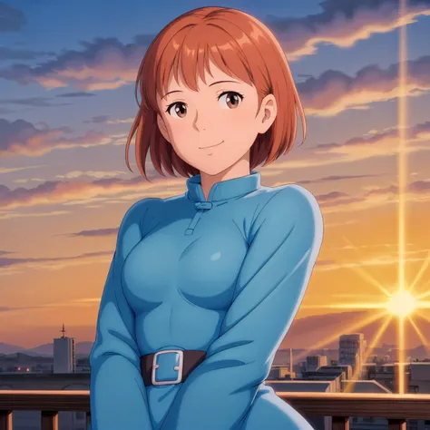 <lora:Nausicaa005:0.5>,<lora:add_detail>,<lora:boldline:-0.5>,<lora:noline:0.3>,looking at viewer,smile,
1girl,brown hair,brown eyes,short hair,
blue_dress,long_sleeves,sunset,