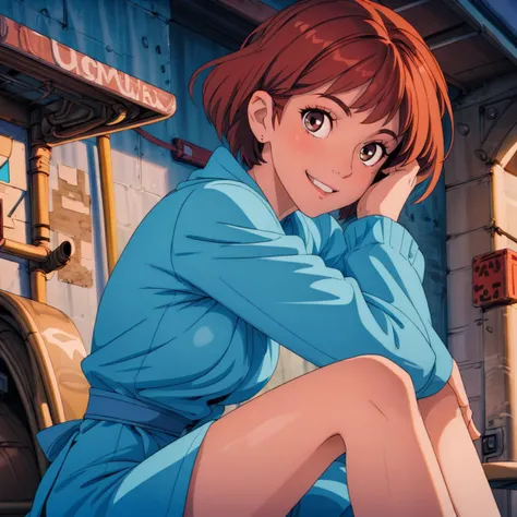 <lora:Nausicaa005:0.5>,<lora:add_detail>,<lora:boldline:-0.5>,<lora:noline:0.3>,looking at viewer,smile,
1girl,brown hair,brown eyes,short hair,
blue_dress,long_sleeves,sunset,