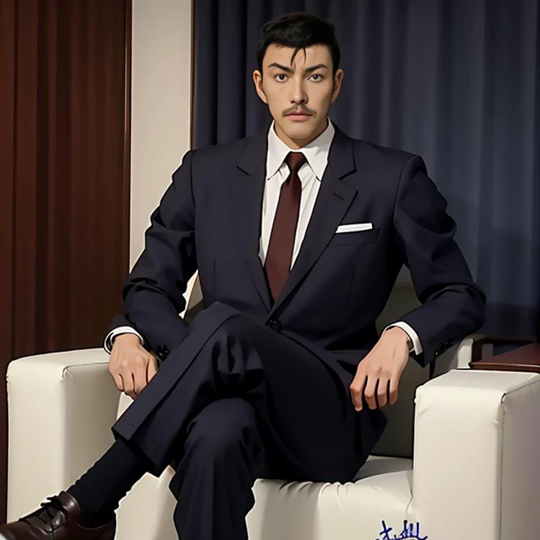 ((masterpiece)),((best quality)),ultra-detailed,illustratio,wallpaper,ultra highres,4K,photography,Mouri Kogorou,1boy,male focus,necktie,solo,formal,suit,black eyes,mustache,black hair,sitting,phone,holding,shirt,short hair,white shirt,collared shirt,indoors,pants,long sleeves,blue pants,closed mouth,red necktie,jacket,signature,crossed legs,thick eyebrows,brown necktie,black necktie,official style,anime screencap,meitantei conan,amusement park,<lora:Mouri Kogorou_:0.9>,Black leather shoes,Suit pants,
upper body portrait,