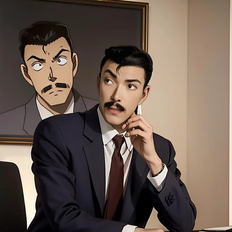 ((masterpiece)),((best quality)),ultra-detailed,illustratio,wallpaper,ultra highres,4K,photography,Mouri Kogorou,1boy,male focus,necktie,solo,formal,suit,black eyes,mustache,black hair,sitting,phone,holding,shirt,short hair,white shirt,collared shirt,indoors,pants,long sleeves,blue pants,closed mouth,red necktie,jacket,signature,crossed legs,thick eyebrows,brown necktie,black necktie,official style,anime screencap,meitantei conan,amusement park,<lora:Mouri Kogorou_:0.9>,Black leather shoes,Suit pants,
(((upper body portrait))),((face close up)),