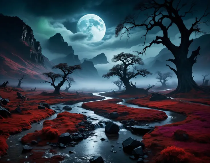 EdobHorrorLandscape,  a photorealistic haunting landscape at night, under a stark white perfectly round moon. The extreme contrast environment combines elements of nature with an eerie twist: ruins, a flowing blood red river with an unsettling undercurrent, and peculiar, ancient twisted trees branches sprawling and gnarled adding a sense of ancient dread. The color scheme should shift from the typical reds to more unnerving shades of dark blues, purples, and greens, creating a cold, macabre atmosphere. The landscape is drenched in a misty rain, with the ground covered in a flowing river that reflects the eerie moonlight. Integrate subtle alien-like elements into the environment, enhancing the otherworldly and ominous setting, skulls are littered across the landscape <lora:EdobHorrorLandscape_XL_v1.0:0.8>,<lora:add-detail-xl:1.2>, 8k, uhd, masterpiece, high quality, best quality