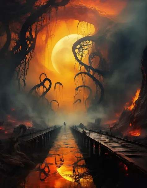 EdobHorrorLandscape, colored sclera, fangs, skeleton, tree, simple background, fog, fog, bridge, sunset, fog, glowing eyes, fantasy, no humans, moon, molten rock, reflection, tentacles, yellow eyes, 1other, multiple others, nature, from behind, <lora:EdobHorrorLandscape_XL_v1.0:0.8>