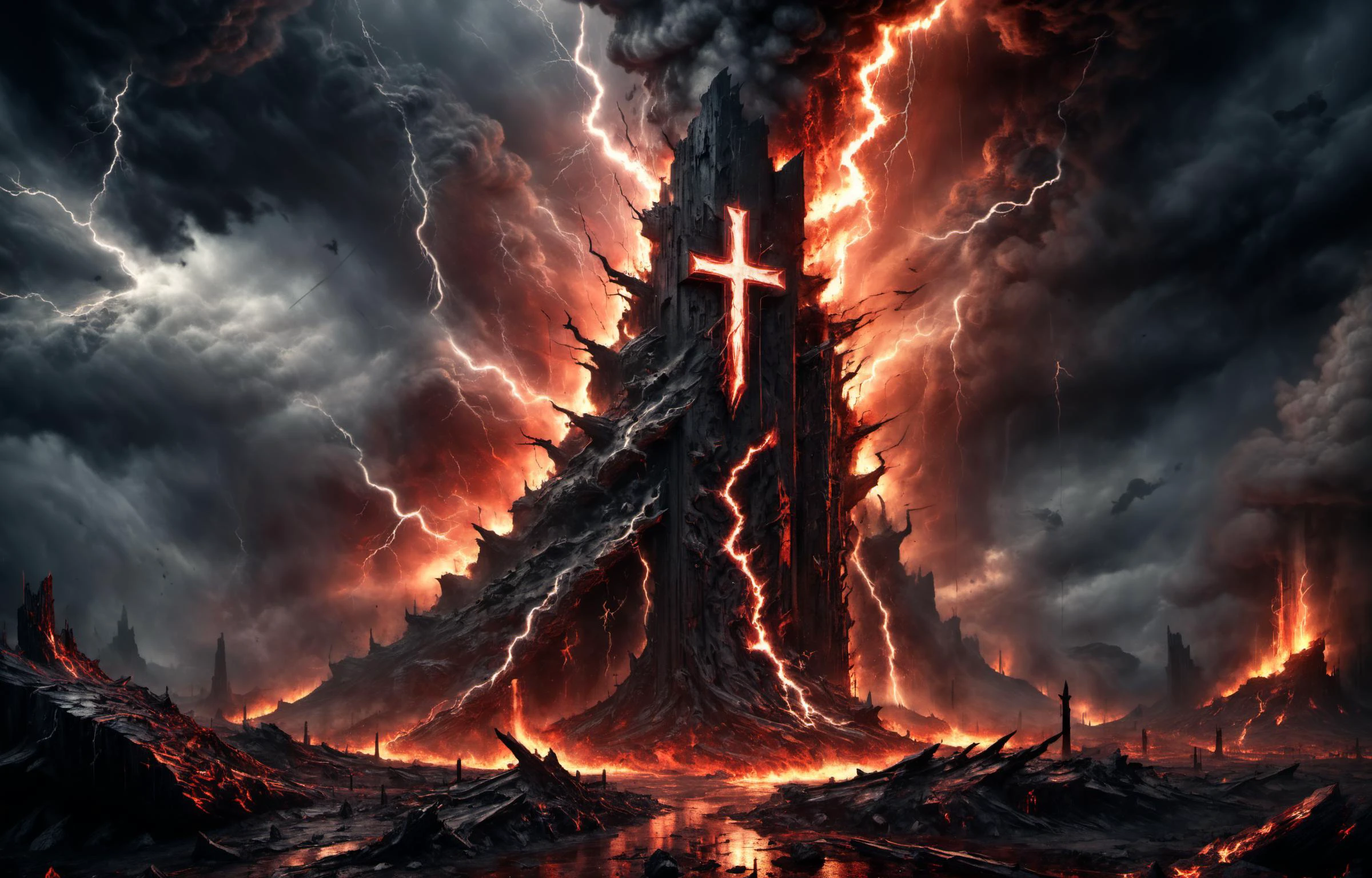 concept art a bleak abysmal landscape in hades,a monolith black cross,black clouds,crimson sky,fires burning,multiple bolts of lightning striking the cross,<lora:xl_more_art-full_v1:0.7>,glow effects,godrays,Hand drawn,render,8k,octane render,cinema 4d,blender,dark,atmospheric 8k ultra detailed,cinematic,Sharp focus,big depth of field,Masterpiece,3d octane render,8k,concept art,trending on artstation,hyperrealistic,extremely detailed CG unity 8k wallpaper,trending on CGSociety,Intricate,High Detail,dramatic . digital artwork,illustrative,painterly,matte painting,highly detailed,<lora:EdobHorrorLandscape_XL_v1.0:1>,EdobHorrorLandscape,