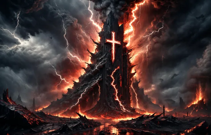 concept art a bleak abysmal landscape in hades,a monolith black cross,black clouds,crimson sky,fires burning,multiple bolts of lightning striking the cross,<lora:xl_more_art-full_v1:0.7>,glow effects,godrays,Hand drawn,render,8k,octane render,cinema 4d,blender,dark,atmospheric 8k ultra detailed,cinematic,Sharp focus,big depth of field,Masterpiece,3d octane render,8k,concept art,trending on artstation,hyperrealistic,extremely detailed CG unity 8k wallpaper,trending on CGSociety,Intricate,High Detail,dramatic . digital artwork,illustrative,painterly,matte painting,highly detailed,<lora:EdobHorrorLandscape_XL_v1.0:1>,EdobHorrorLandscape,