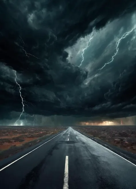 <lora:EdobHorrorLandscape_XL_v1.0:0.8> EdobHorrorLandscape, futuristic landscape, small road going into the distance, dark sky with heavy clouds, thunder at the horizon,