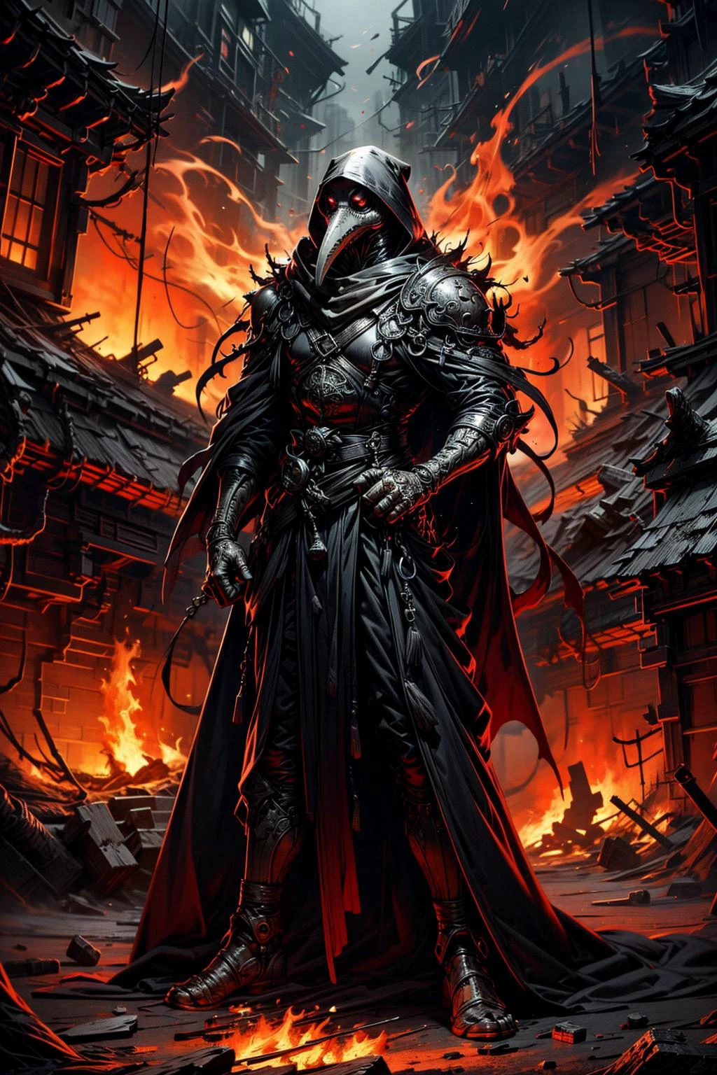 (masterpiece:1.1), (best quality:1.1), (intricate:1.1), (detailed:1.1), (ornate:1.1), (vibrant colors:1.2), BREAK,
(dark fantasy:1.0), (grim:1.0), (eerie:1.1),BREAK,
(full body:1.0), (solo:1.2), (1boy:1.2), (plague doctor:1.1), (long cape:1.0), (hood:1.0), (standing:1.0), (EdobHorrorLandscape:1.0), <lora:EdobHorrorLandscape_v1.0:0.5>, <lora:plague doctor:0.6>, BREAK,
(red theme:1.2), (glowing:1.1), (burning village:1.1), (ablaze:1.0), (flames:1.1), (fires:1.1), (burning:1.0), (debris:1.0)