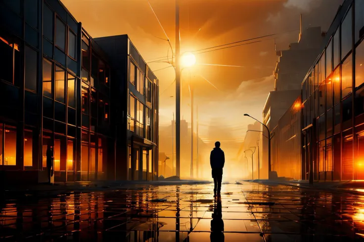 (Realistic:1.5) EdobHorrorLandscape , rain, scenery, building, 1boy, orange sky, lens flare, standing, sun, sun, landscape, <lora:EdobHorrorLandscape_v1.0:0.8>