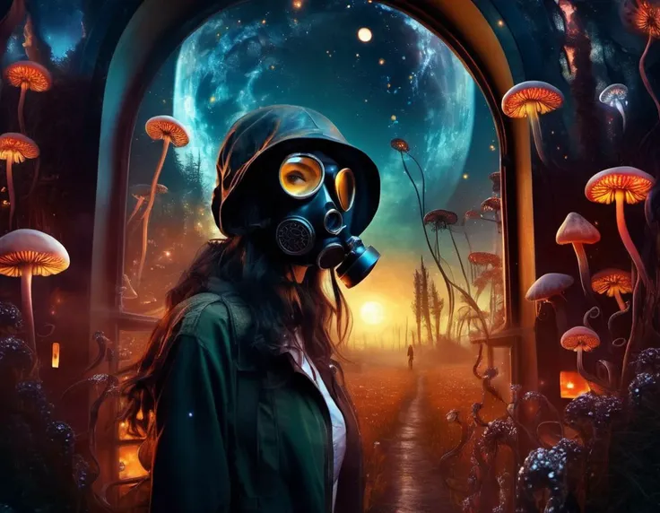 EdobHorrorLandscape, star (sky), goggles, tentacles, fantasy, ribs, starry sky, gas mask, fog, 1girl, mushroom, skull, fangs, lens flare, full moon, window, grass, fantasy, no humans, glowing eyes, gas mask, tentacles, fireflies, <lora:EdobHorrorLandscape_XL_v1.0:0.8>
