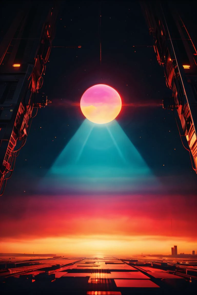 Paining, space station silhouette passing in front of a giant sun, close up of the sun, sun covering the entire image, bright, light, colors of neon pink, neon yellow, neon, blue, neon purple, intense light <lora:EdobHorrorLandscape_v1.0:0.75> EdobHorrorLandscape <lora:epiCRealLife:0.75>, subsurface scattering, ultra hd, 4k, high def, Photorealistic, Hyperrealistic, Hyper detailed, analog style, realistic, masterpiece, best quality, ultra realistic, 8k, Intricate, High Detail, film photography, soft lighting, heavy shadow