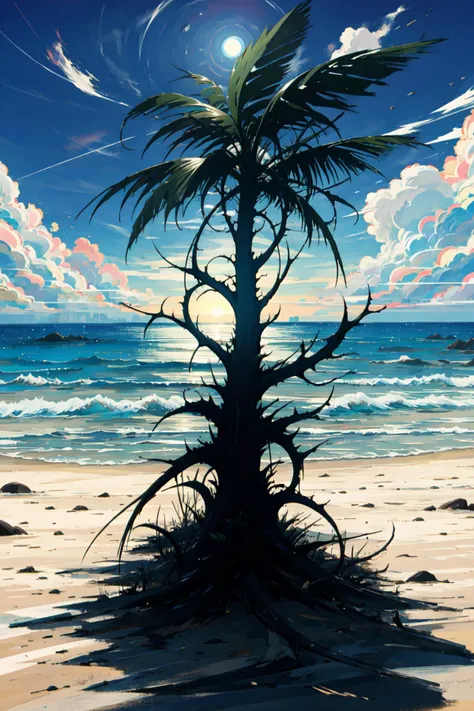 natural lighting, soft lighting, HDR (High Dynamic Range), Maximum Clarity And Sharpness, Multi-Layered Textures,(fresh and cool,bright color,cool breeze,beach,beautiful and cute smile,professional model,:1.3),bright sky,
<lora:EdobHorrorLandscape_v1.0:0.8> EdobHorrorLandscape, solo, horror (theme), monster,coconut tree