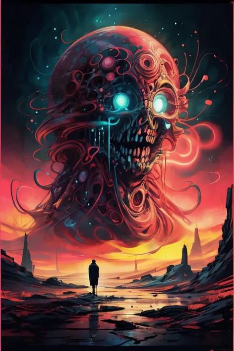 (ombre color scheme of neon pink, neon blue, neon green, neon yellow, neon yellow-red), surrealism painting of a man standing on a cliff with a giant orange ring in the sky above him and a man standing on a cliff, Beksinski, sci fi, a digital painting, psychedelic art <lora:add_detail:0.7> <lora:EdobHorrorLandscape_v1.0:0.97> EdobHorrorLandscape, subsurface scattering, ultra hd, 4k, high def, Photorealistic, Hyperrealistic, Hyper detailed, analog style, realistic, masterpiece, best quality, ultra realistic, 8k, Intricate, High Detail, film photography, soft lighting, heavy shadow