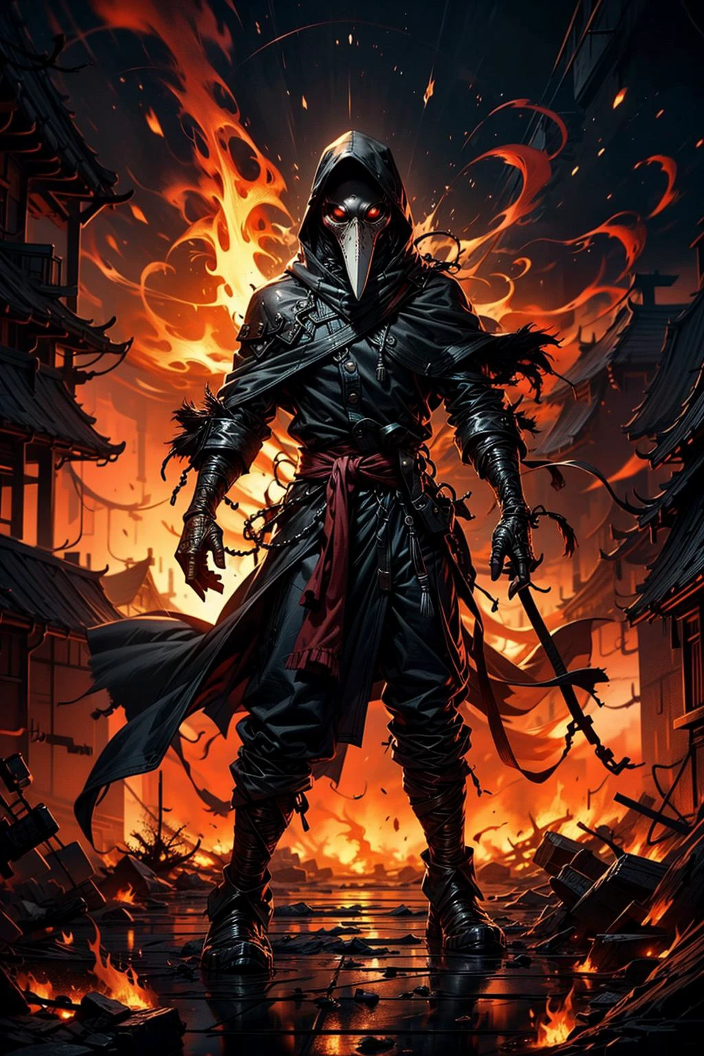 (masterpiece:1.1), (best quality:1.1), (intricate:1.1), (detailed:1.1), (ornate:1.1), (vibrant colors:1.2), BREAK,
(dark fantasy:1.0), (grim:1.0), (eerie:1.1),BREAK,
(full body:1.0), (solo:1.2), (1boy:1.2), (plague doctor:1.1), (cape:1.2), (hood:1.0), (standing:1.0), (EdobHorrorLandscape:1.0), (empty hands:1.2), <lora:EdobHorrorLandscape_v1.0:0.5>, <lora:plague doctor:0.6>, BREAK,
(red theme:1.2), (glowing:1.1), (burning village:1.1), (ablaze:1.0), (flames:1.1), (fires:1.1), (burning:1.0), (debris:1.0)