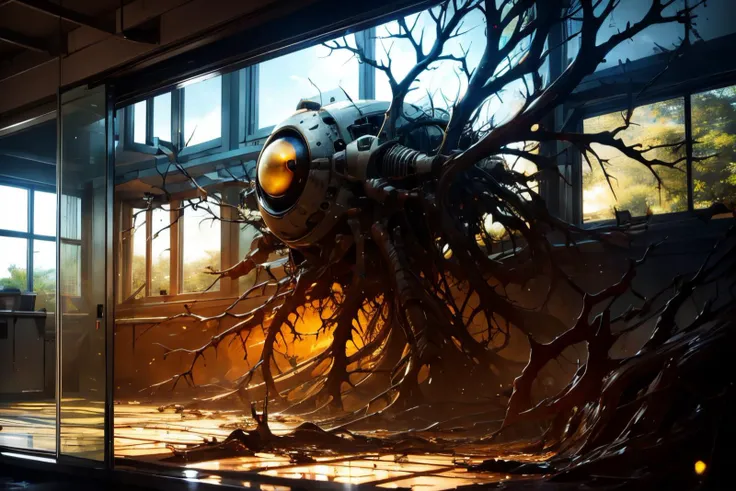(Realistic:1.5) EdobHorrorLandscape , indoors, science fiction, sky, yellow eyes, outdoors, very wide shot, one-eyed, branch, robot, window, <lora:EdobHorrorLandscape_v1.0:0.8>